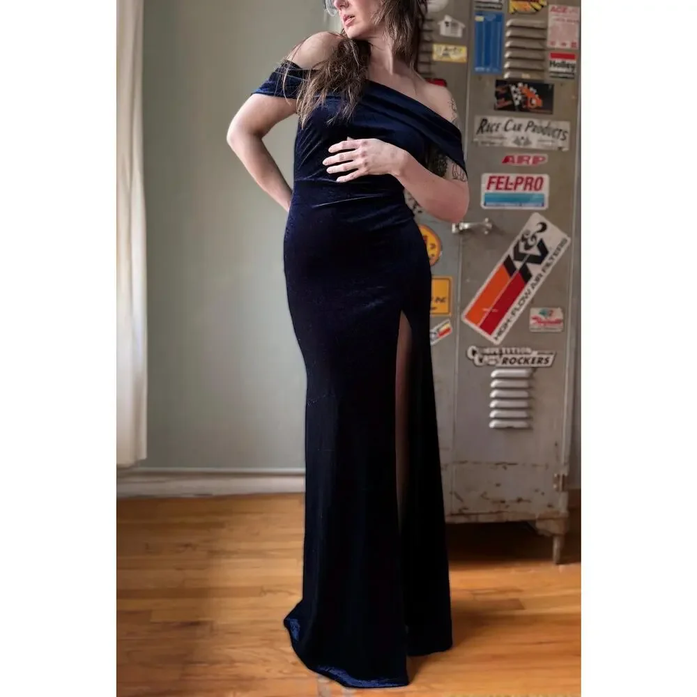 Vintage Y2K Velvet Maxi Dress | Navy Off Shoulder Column Slit Gown | S/M - Picture 9 of 11